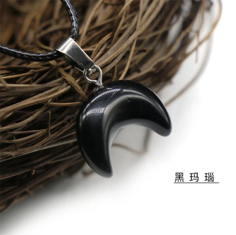 Small Moon Stone Crescent Pendant Choker Collar Reiki Healing Natural Pink Quartz Black Obsidian Chakra Crystal Necklaces Female