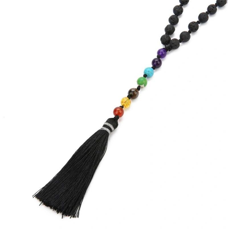 Natural Lava Stone Long 108 Mala Knotted Seven Chakra Pendant Beaded Necklace