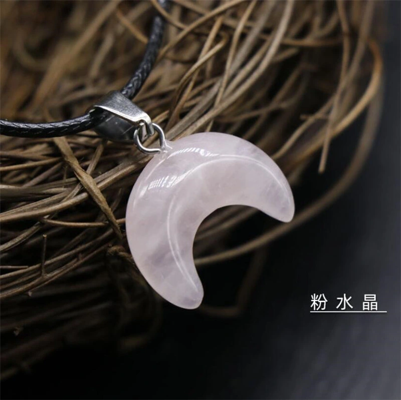 Small Moon Stone Crescent Pendant Choker Collar Reiki Healing Natural Pink Quartz Black Obsidian Chakra Crystal Necklaces Female